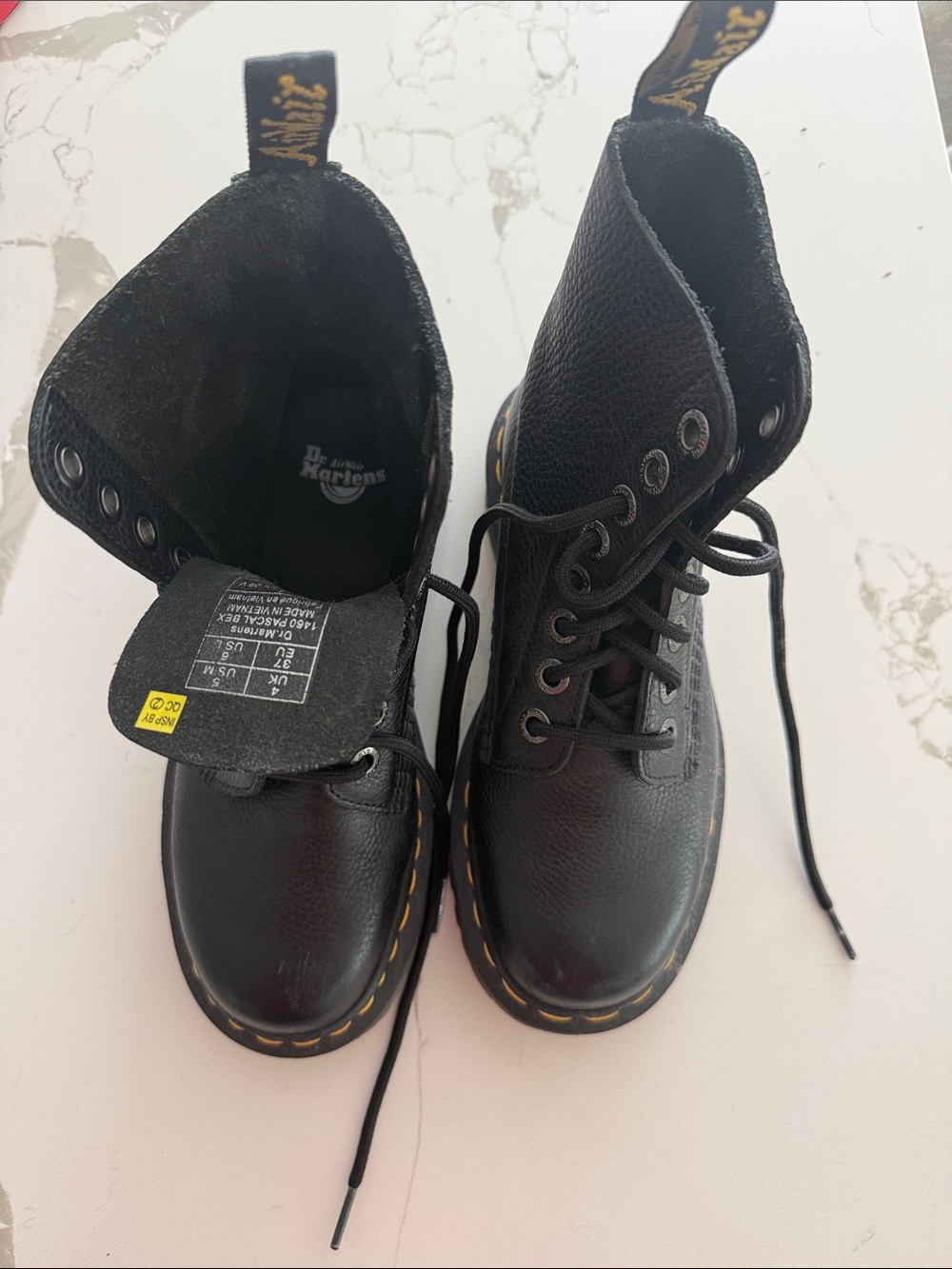 Dr. Martens 1460 Black Leather Lace-Up Boots with Yellow Stitching